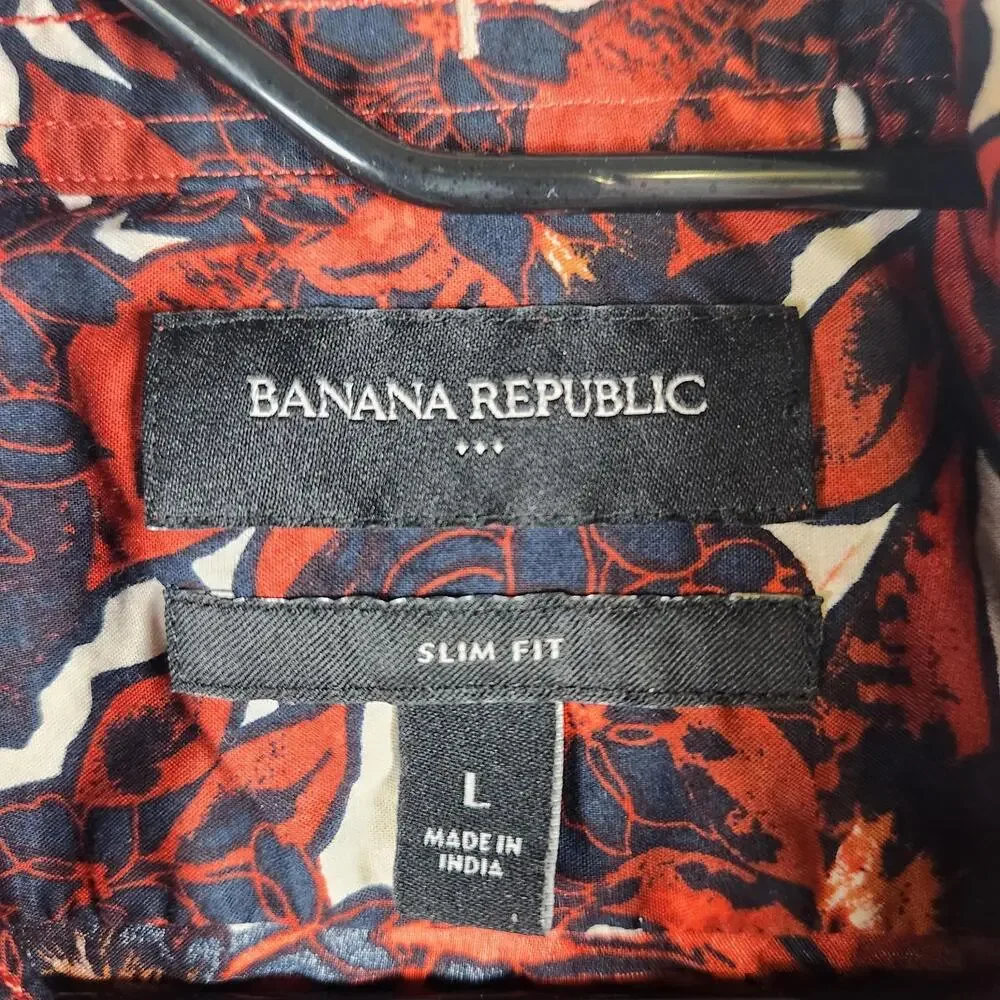 Banana Republic SS Button Up Hawaiian Tropical Shirt Red Slim‎ Fit Sz L